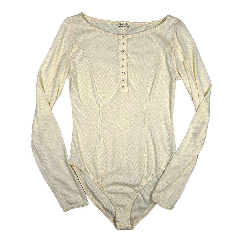 Free People Intimately Size M Sloan Bodysuit Henley Snap Front Long Sleeve Ivory